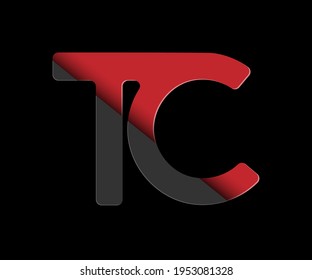 Cartas estilizadas en minúsculas T y C en rojo y negro conectadas por una sola línea para el logotipo, el monograma y el diseño creativo. Ilustración vectorial aislada en negro.