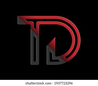 Stylized lowercase letters T and D in red and black connected by a single line for logo, monogram and creative design. Vector illustration isolated on black.