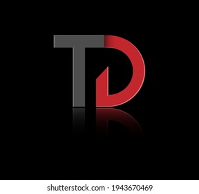 Stylized lowercase letters T and D in red and black connected by a single line for logo, monogram and creative design. Vector illustration isolated on black.