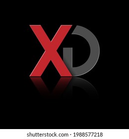 Stylized lowercase letters X and D in red and black connected by a single line for logo, monogram and creative design. Vector illustration isolated on black.