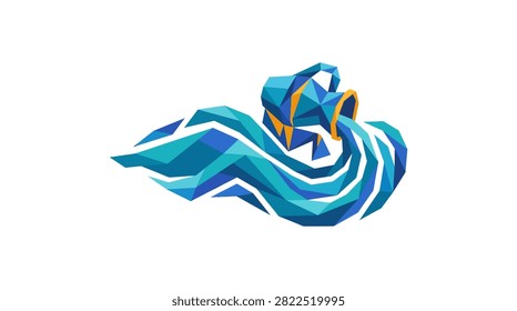 Stylized low-poly Aquarius symbol elegantly pouring water in a modern, abstract design.