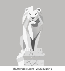 Eine stilisierte, Low-Poly-Löwenstatue in königlicher Pose, monochrom gerendert.