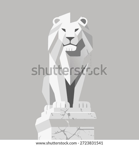 A stylized, low-poly lion statue in a regal pose, rendered in monochrome.