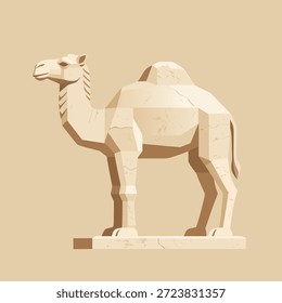 Una escultura estilizada de bajo poliéster de un camello sobre una base de piedra, representada en un estilo de diseño minimalista y plano.