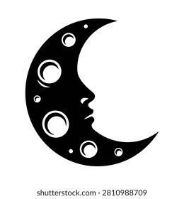 Stylized lunar crescent featuring a human profile rendered in solid black. Ideal for celestial themes nocturnal concepts and imaginative storytelling.