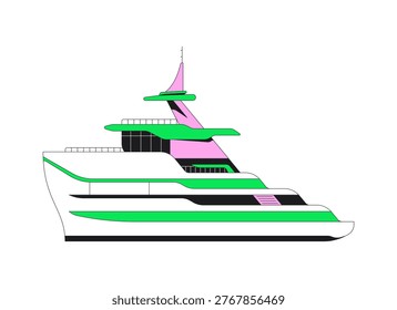 Stylized luxury yacht side view 2D cartoon object. Modern boat. Cruise vessel sideview. Ocean liner. Sea travel. Marine transport isolated element flat vector clip art on white. Spot illustration