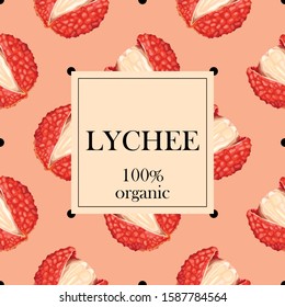 Stylized lychee with the text "lychee 100% organic". Exotic lychee fruit. Banner, poster, wrapping paper, sticker, print, modern textile design. Vector illustration. 