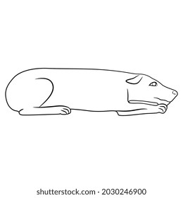 Stylized lying dog. Ancient Egyptian animal design. Black and white linear silhouette.