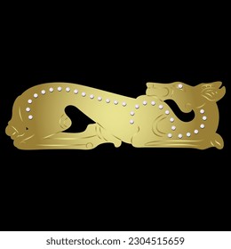 Stylized lying dog or deer. Ethic animal design. Golden glossy silhouette with white pearl beads.