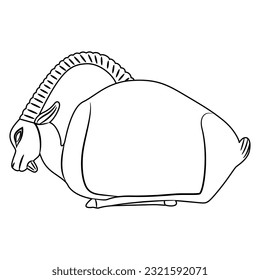 Stylized lying goat or gazelle. Ancient Egyptian animal design. Black and white linear silhouette.