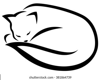 Stylized lying and sleeping black cat isolated on the white background, cartoon vector illustration