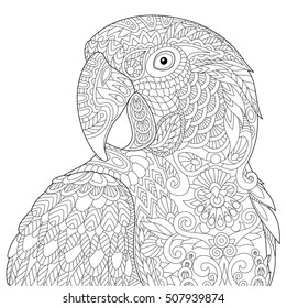 Stylized macaw (ara) parrot, isolated on white background. Freehand sketch for adult anti stress coloring book page with doodle and zentangle elements.