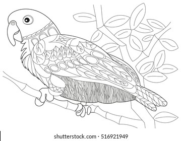 Stylized macaw (ara) parrot, isolated on white background. Freehand sketch for adult anti stress coloring book page with doodle and zentangle elements.