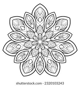 Stylized madnala with floral patterns on a white isolated background. For coloring book pages, cards.