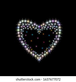 Stylized magical heart on black. Decorative element made of colorful highlights and rays. Banner or card for Valentine's day. A cluster of brilliant stars. Sparkling luxury symbol of love.