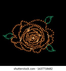 Stylized magical red rose on black. Decorative flower made of glitter highlights and rays. Festive banner or card. A cluster of brilliant stars. Sparkling luxury lush lava color plant in vector. 