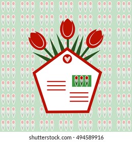 Stylized mail envelope with a bouquet of tulips on the floral background. Vector card.