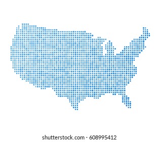 Stylized mainland USA map vector illustration in blue color, abstract pixelated dot pattern.