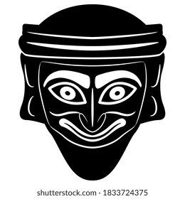 Stylized male face. Ancient Punic mask from Carthage. Smiling funny bearded man. Black and white silhouette.