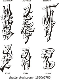 Stylized male names as monograms. Set of black and white vector illustrations.