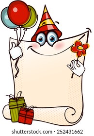 stylized man with banner congratulation. vector illustration