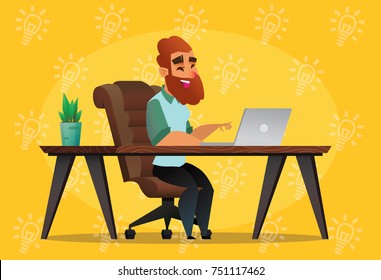 A stylized man with a beard working at a computer