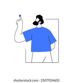 Stylized man in blue shirt making a gesture with his hand pointing upward, representing interaction, guidance, or instructional intent in a simple, modern design.