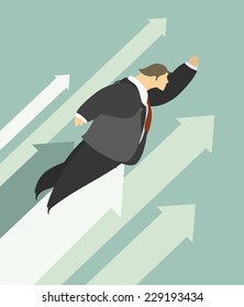 Stylized man businessman flying up near the arrowheads in flat style up near pointers