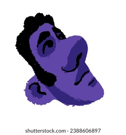 Stylized man head looks up. Abstract male face with neutral emotions, indifferent feelings. Dreaming, thinking facial expression. Monochrome flat isolated vector illustration on white background