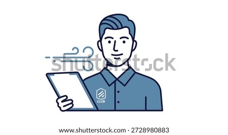 Stylized man holding tablet with wind graphic