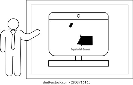 A stylized man in a suit points to a computer monitor displaying the map of Equatorial Guinea.