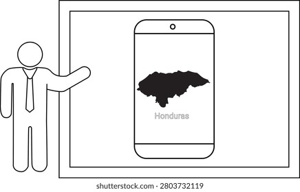 A stylized man in a suit and tie gestures towards a smartphone displaying the map of Honduras.
