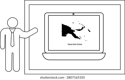A stylized man in a suit and tie gestures towards a laptop displaying a map of Papua New Guinea
