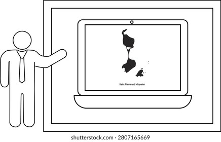 A stylized man in a suit and tie gestures towards a laptop displaying a black and white map of the Philippines.