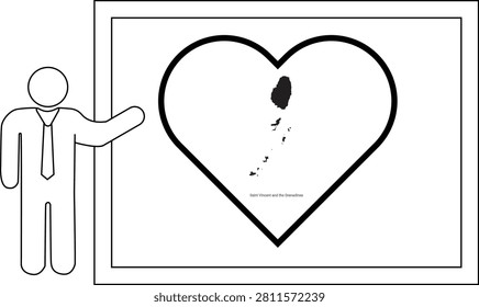 A stylized man in a suit and tie points to a large heart shape containing a map of islands.