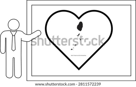 A stylized man in a suit and tie points to a large heart shape containing a map of islands.