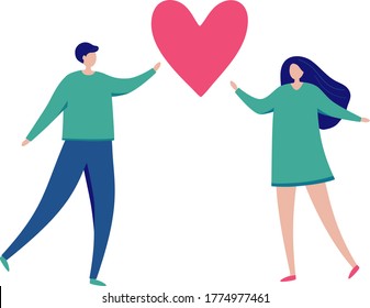 Stylized man and woman are drawn to a big heart. Valentine's day theme. Couple in love. He and she. Colorful flat vector illustration. Isolated on a white  background. 
