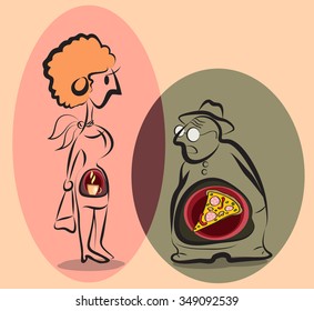 stylized man and woman with food inside