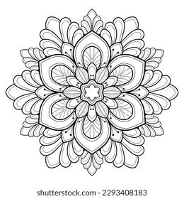 Mandala estilizada con motivos florales y elementos henna sobre un fondo blanco aislado. Para colorear páginas de libros.