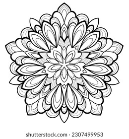 Mandala estilizada con motivos florales en un fondo aislado y blanco. Para colorear páginas de libros.