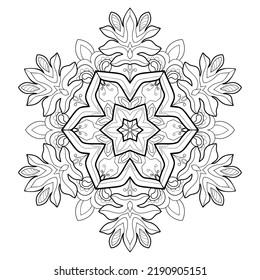 Stylized mandala with floral patterns and vintage elements on a white isolated background. For coloring book pages.