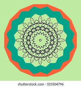 Stylized mandala flower in round frame, invitation cover design or oriental postcard