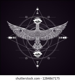 Stylized mandala with flying and allseeing eyes. White geometric pattern on the black background. Isolated illustration. Boho chic. Sketch for print t shirt and tattooart, coloring book pages.