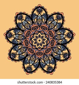 Stylized mandala vector Flower like round ornate design over chokolate paper background.