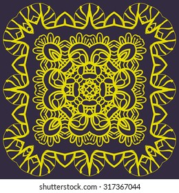 Stylized mandala of yellow color over dark background for greeting card, Brochure, Card or Invitation with Islamic, Arabic, Indian, Ottoman, Asian motifs. Abstract Retro Stylized flowers wallpaper 