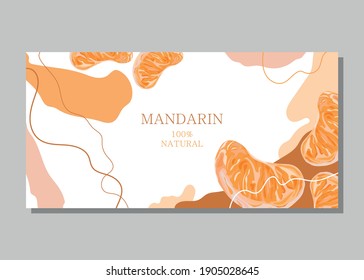 Stylized mandarin on an abstract background. Tangerine slice. Card, banner, poster, sticker, print, advertising material. Vector illustration.