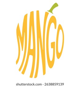 a stylized mango illustration. the word mango is used to create the shape of the fruit. it has a green stem on a clean white background.