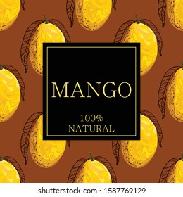 Stylized mango with leaves and with the text "mango 100% natural". Banner, poster, wrapping paper, sticker, print, modern textile design. Vector illustration. 