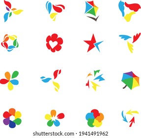 Stylized many-colored emblems. Set with different abstract trendy symbols. Modern logotypes for your design projects. Flat style.