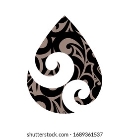 Stylized Maori symbol, spiral shape based on silver fern frond inside  water drop, vector